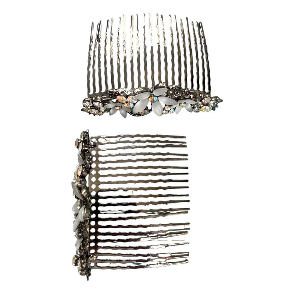 Set of 2 Swarovski Crystal Bridal Hair Combs Frosted Floral Silver Tone Prom - Picture 2 of 7